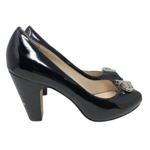 Coach Black Patent Leather Helaine Peep Toe Pumps Heels Silver hardware size 5